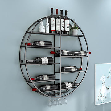 Modern Round Wall Mounted Metal Black Wine Rack